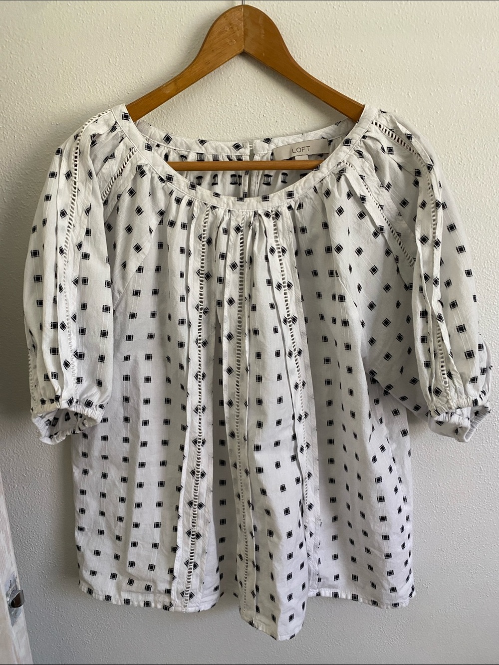 LOFT White Peasant Blouse with Black Square Print
